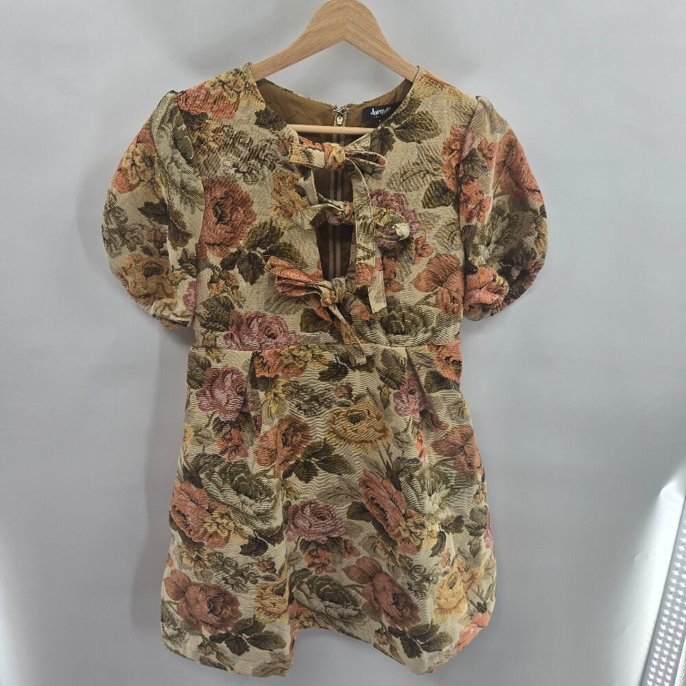 Jacquie The Label Tapestry Brocade Puff Sleeve Open Tie Mini Dress NWOT Small